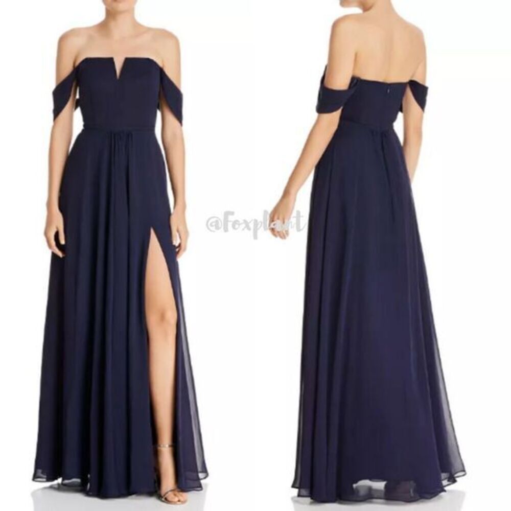 NEW AQUA Off-the-shoulder center notch Chiffon Gown‎ In Navy, size 2